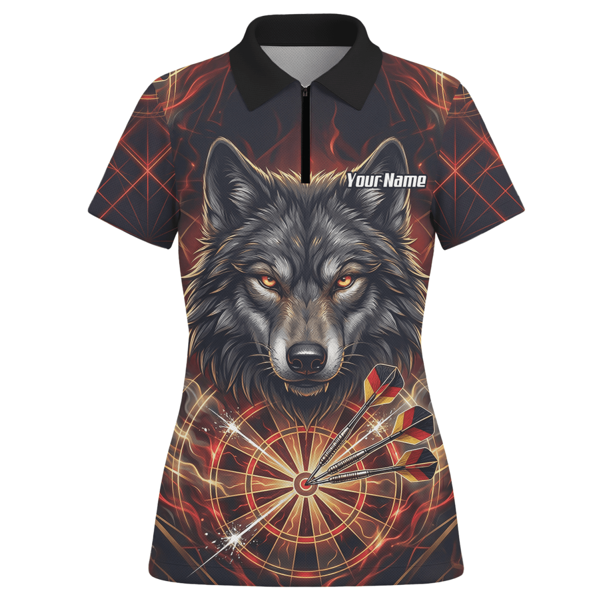 Dart Trikot Damen – Wolf & Dartboard Motiv Schwarz Rot Flammen X2698 - Outfitsuche