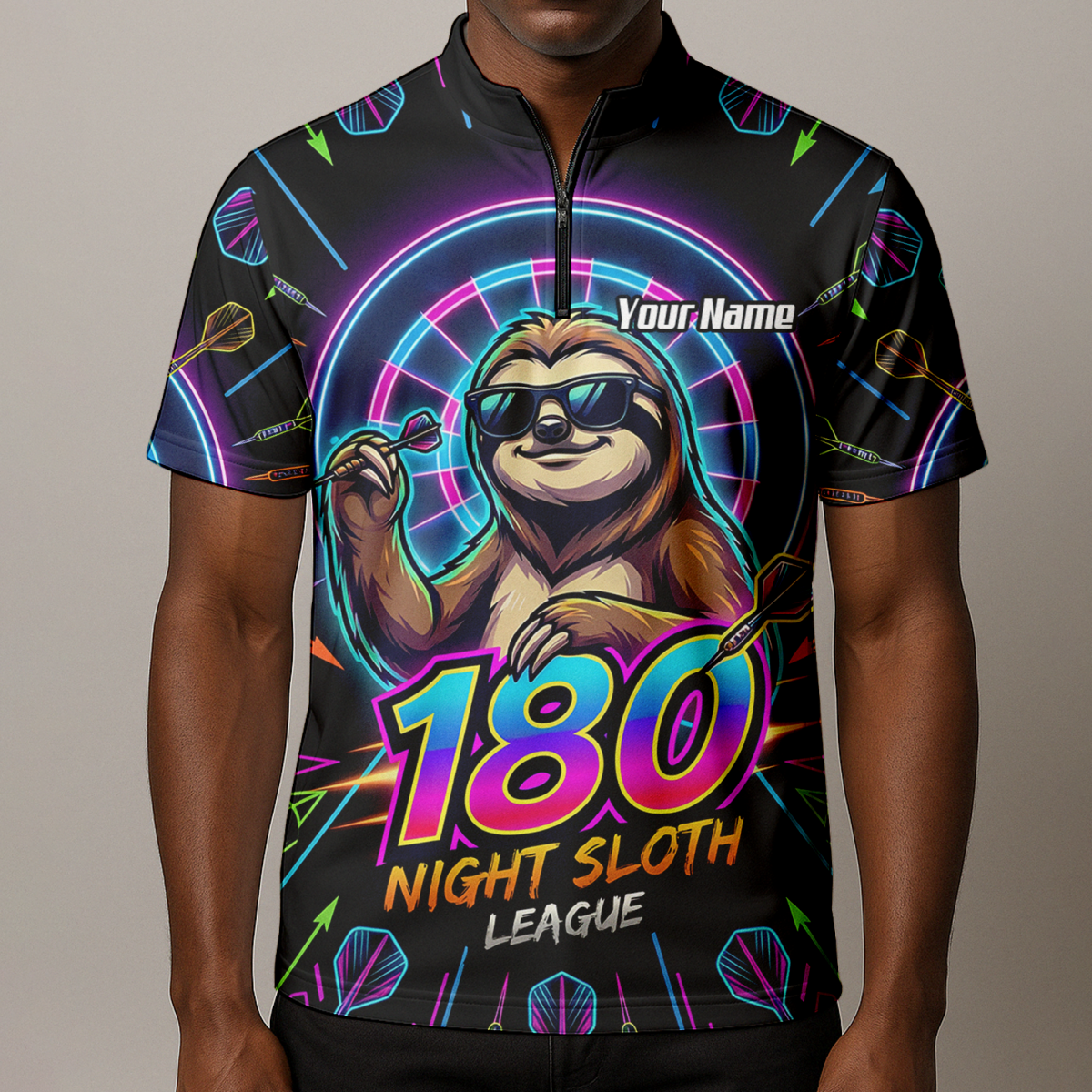 Dart Trikot Herren – Faultier 180 Night Sloth Neon Design Schwarz I5226 - Outfitsuche