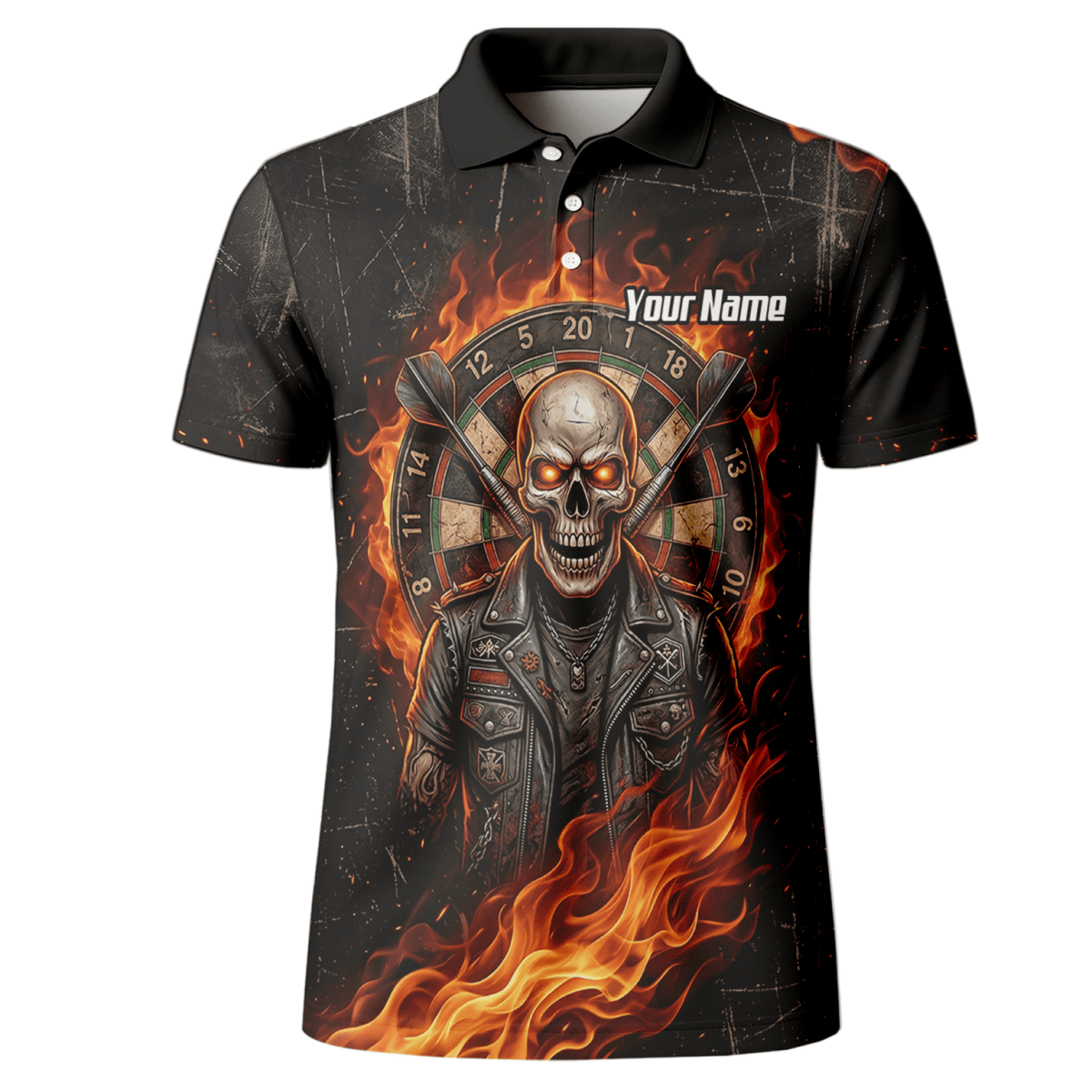 Dart Trikot Herren mit Namen – Totenkopf & Flammen Motiv Schwarz D8924 - Outfitsuche