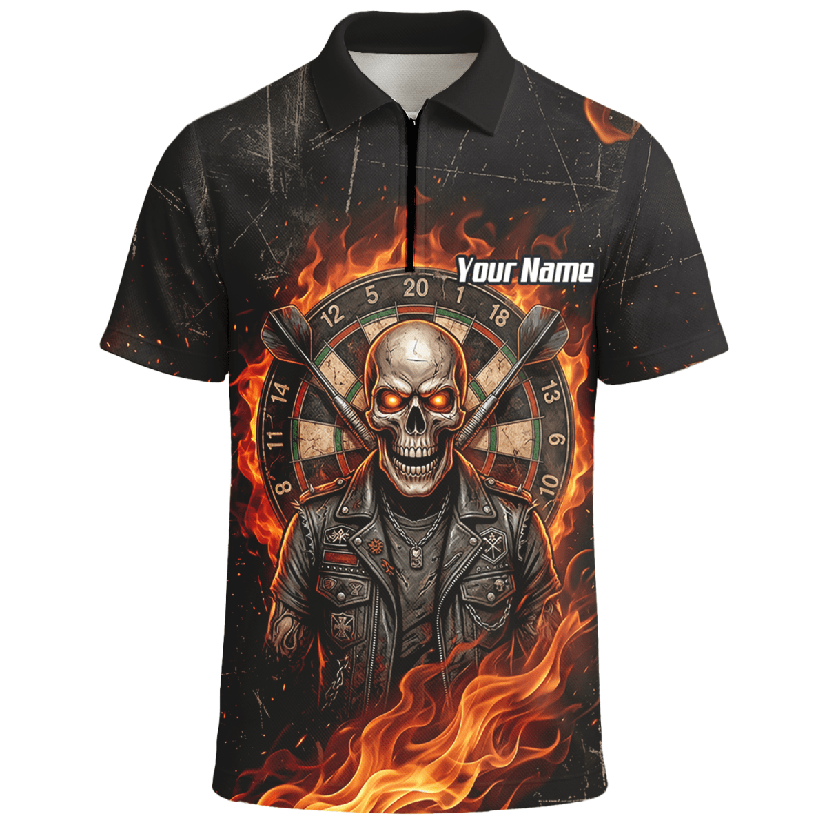 Dart Trikot Herren mit Namen – Totenkopf & Flammen Motiv Schwarz D8924 - Outfitsuche