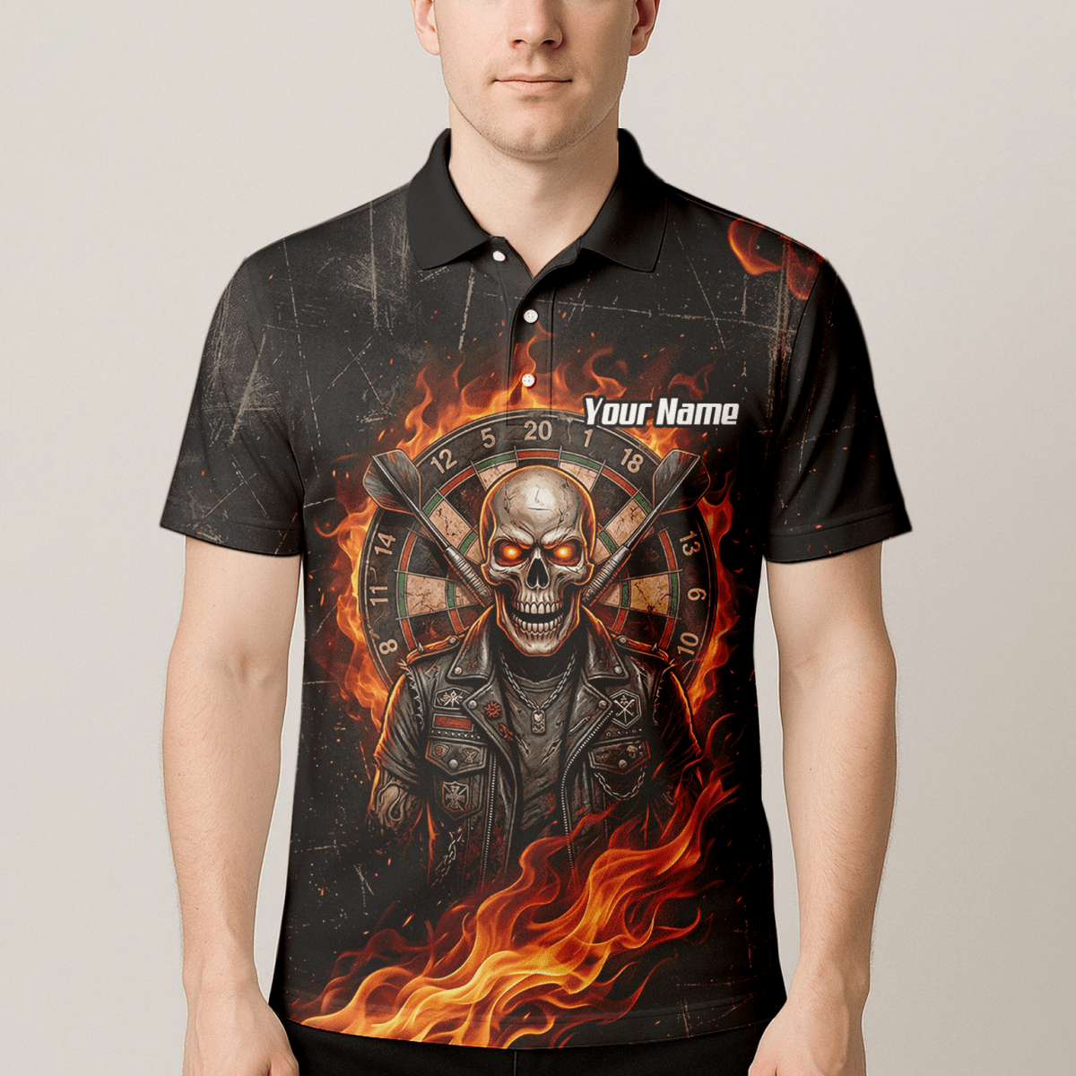 Dart Trikot Herren mit Namen – Totenkopf & Flammen Motiv Schwarz D8924 - Outfitsuche
