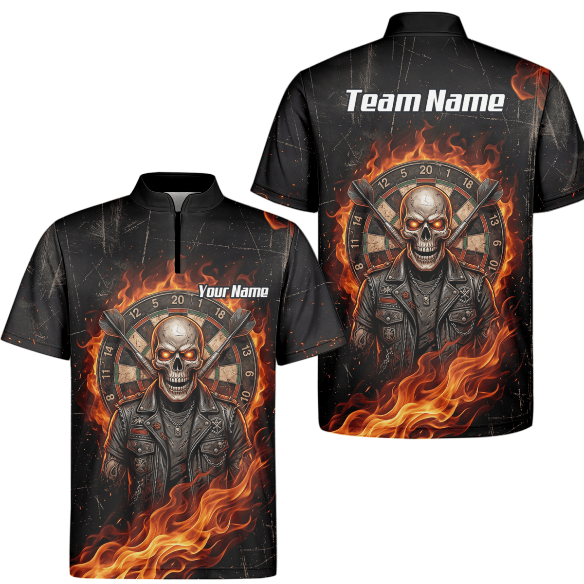 Dart Trikot Herren mit Namen – Totenkopf & Flammen Motiv Schwarz D8924 - Outfitsuche