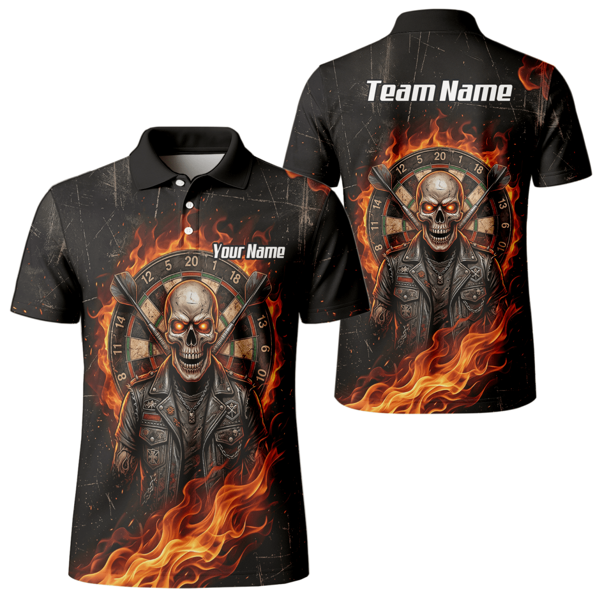 Dart Trikot Herren mit Namen – Totenkopf & Flammen Motiv Schwarz D8924 - Outfitsuche