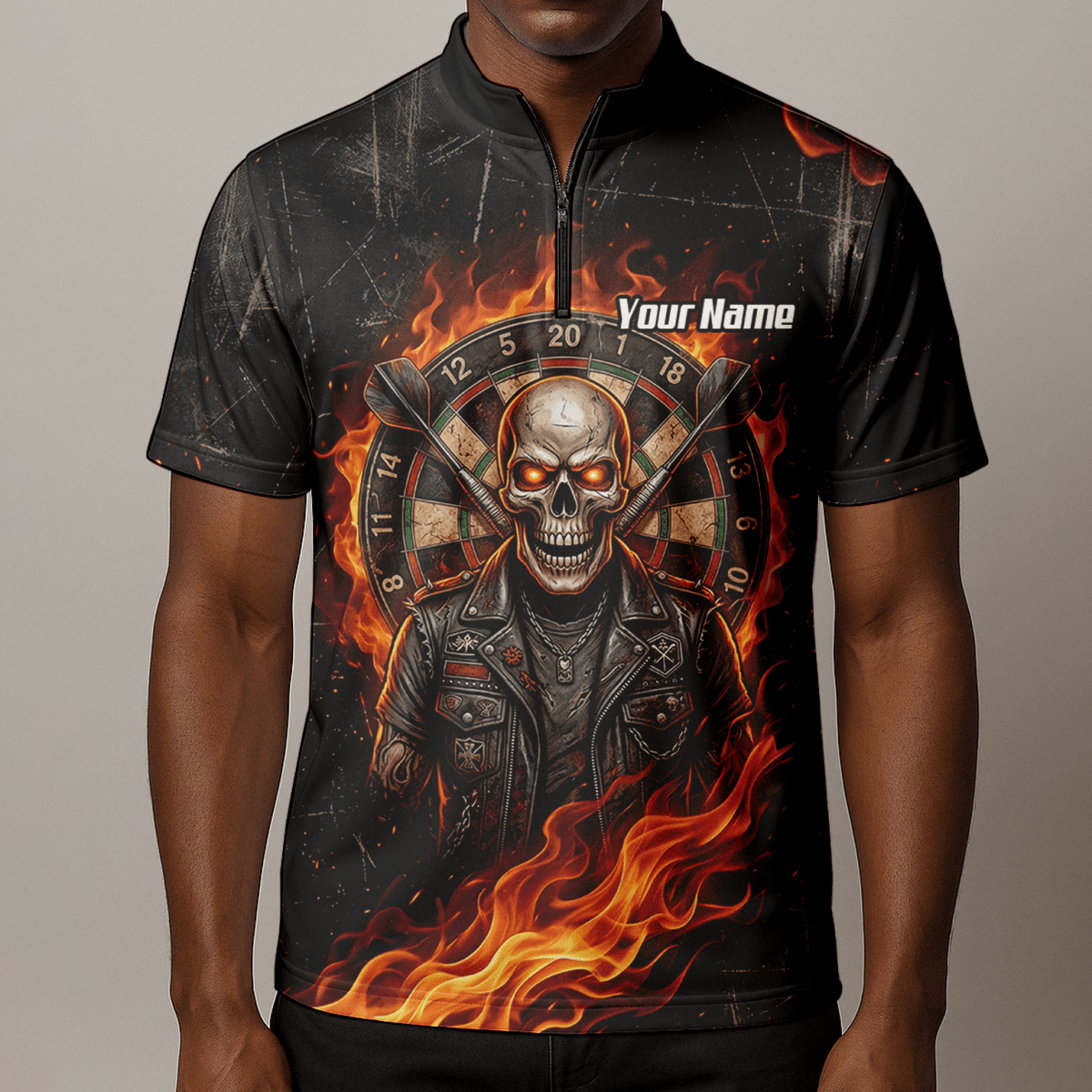 Dart Trikot Herren mit Namen – Totenkopf & Flammen Motiv Schwarz D8924 - Outfitsuche