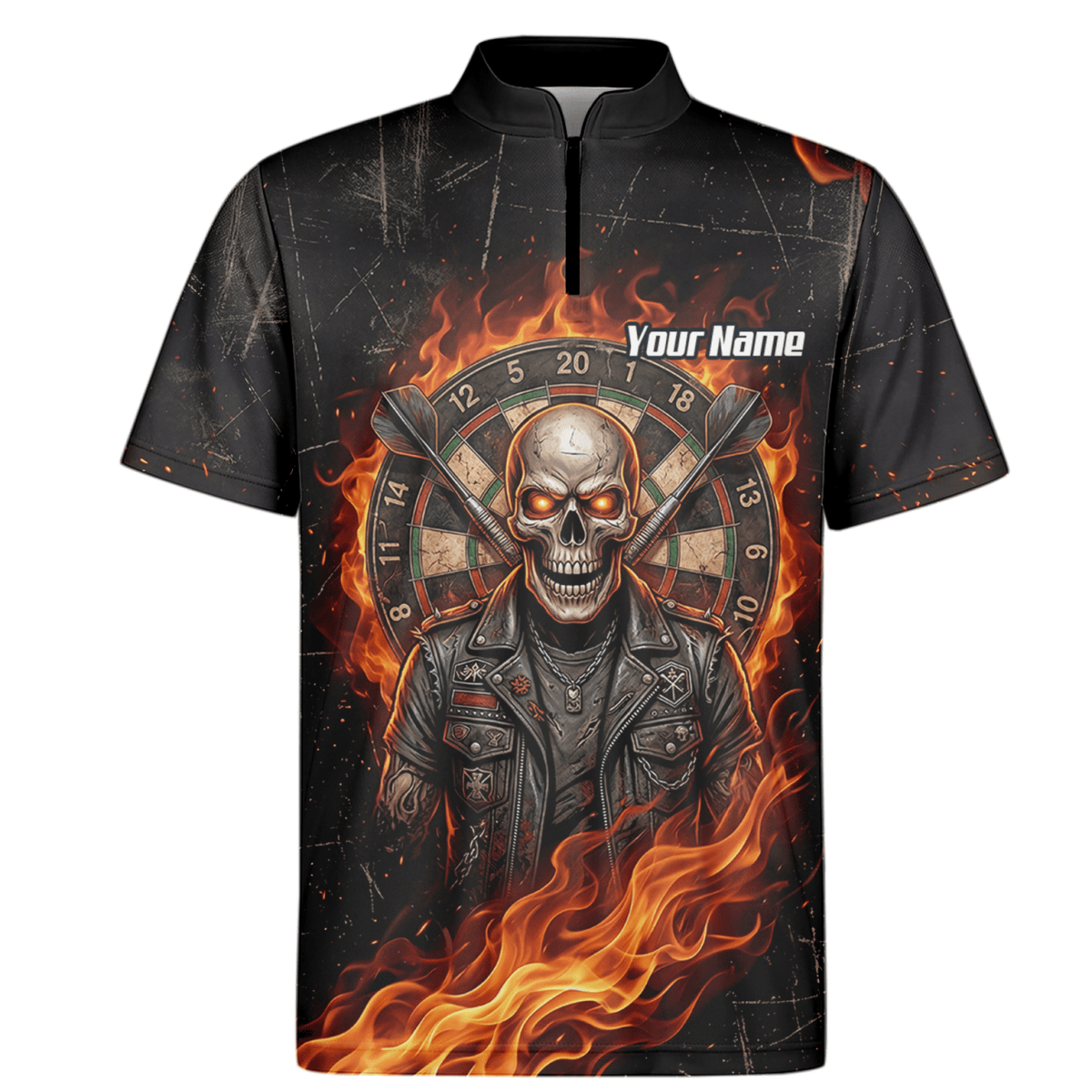 Dart Trikot Herren mit Namen – Totenkopf & Flammen Motiv Schwarz D8924 - Outfitsuche