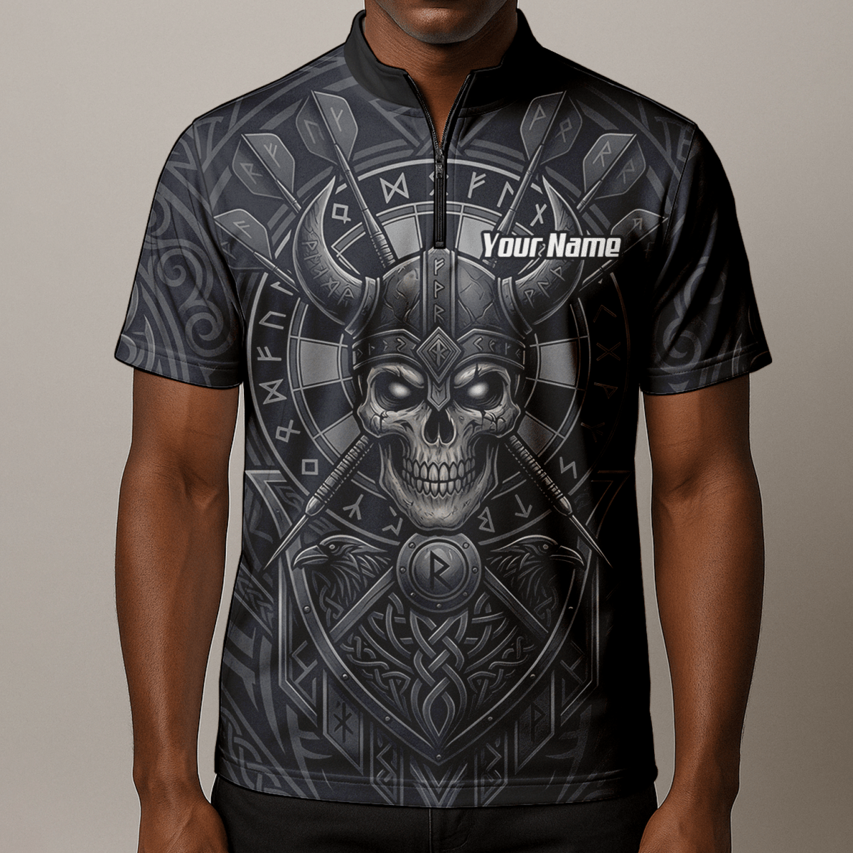 Dart Trikot Herren mit Wunschname – Wikinger Totenkopf Runen Grau K6994 - Outfitsuche