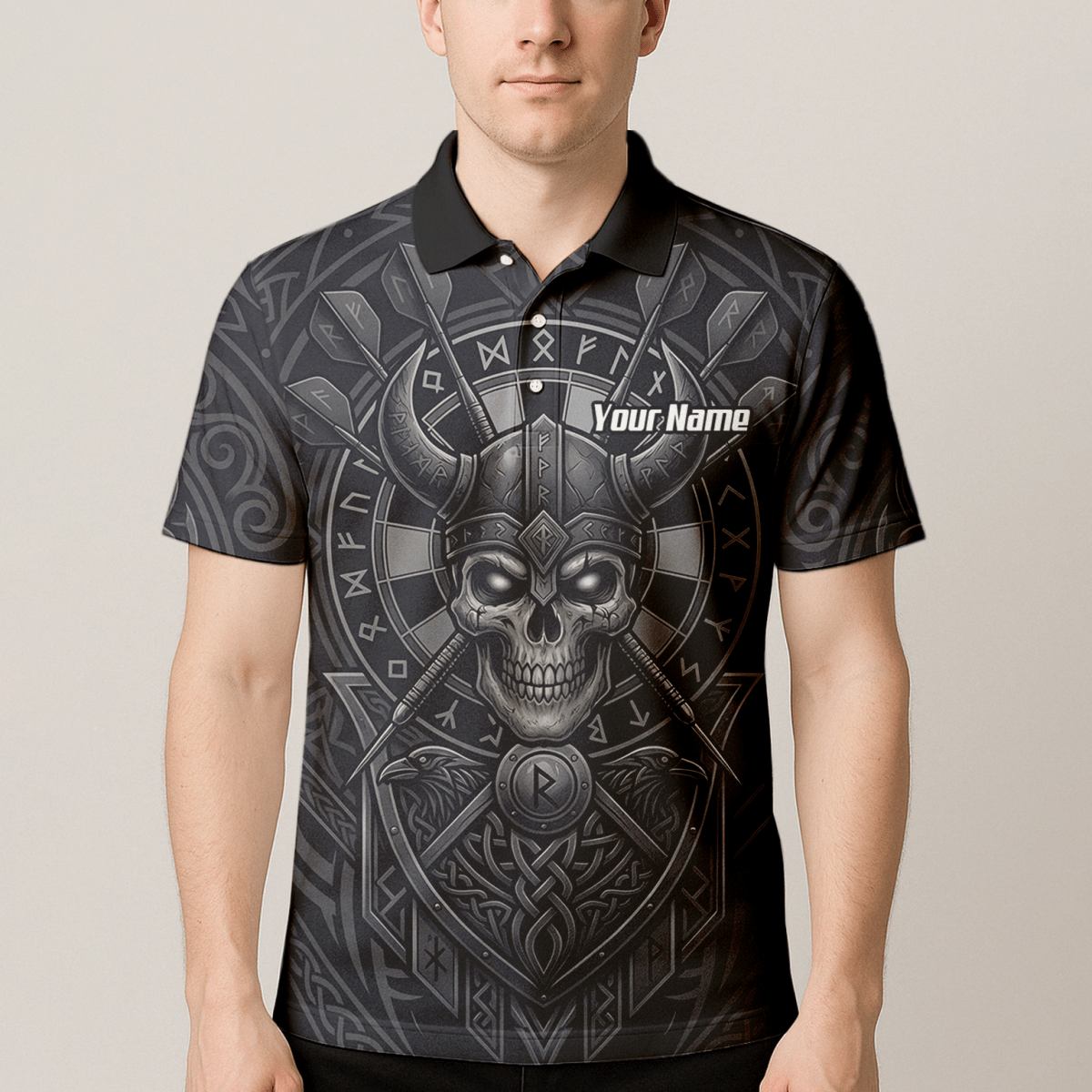 Dart Trikot Herren mit Wunschname – Wikinger Totenkopf Runen Grau K6994 - Outfitsuche