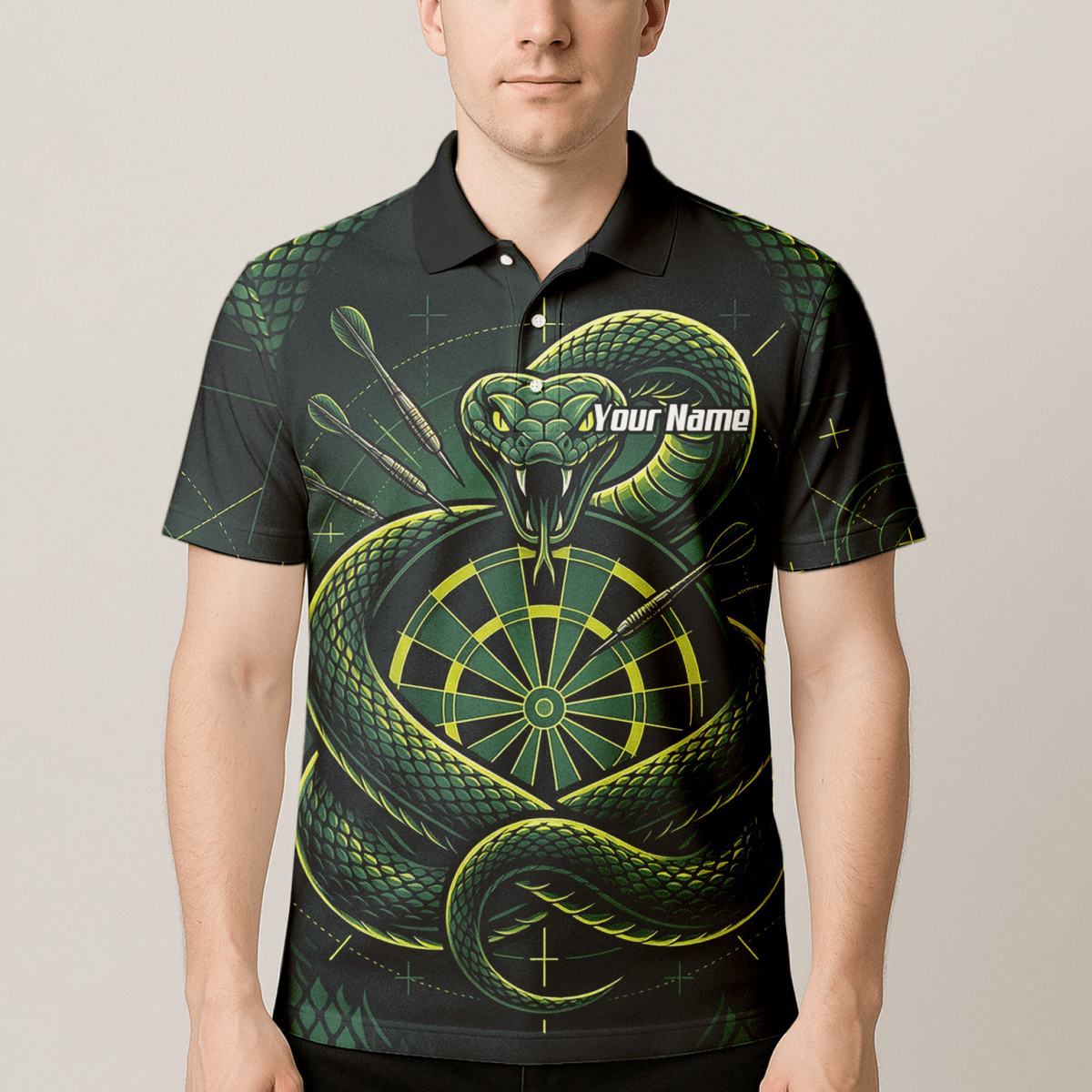 Dart Trikot Herren – Motiv Grüne Schlange & Dartscheibe – Schwarz J9840 - Outfitsuche