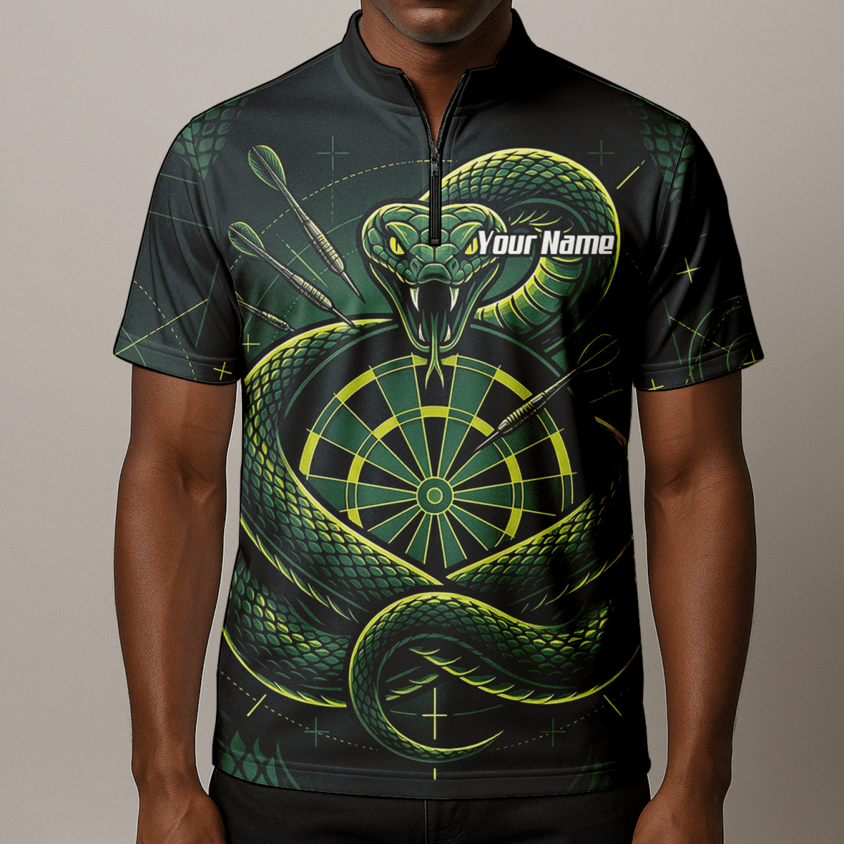 Dart Trikot Herren – Motiv Grüne Schlange & Dartscheibe – Schwarz J9840 - Outfitsuche