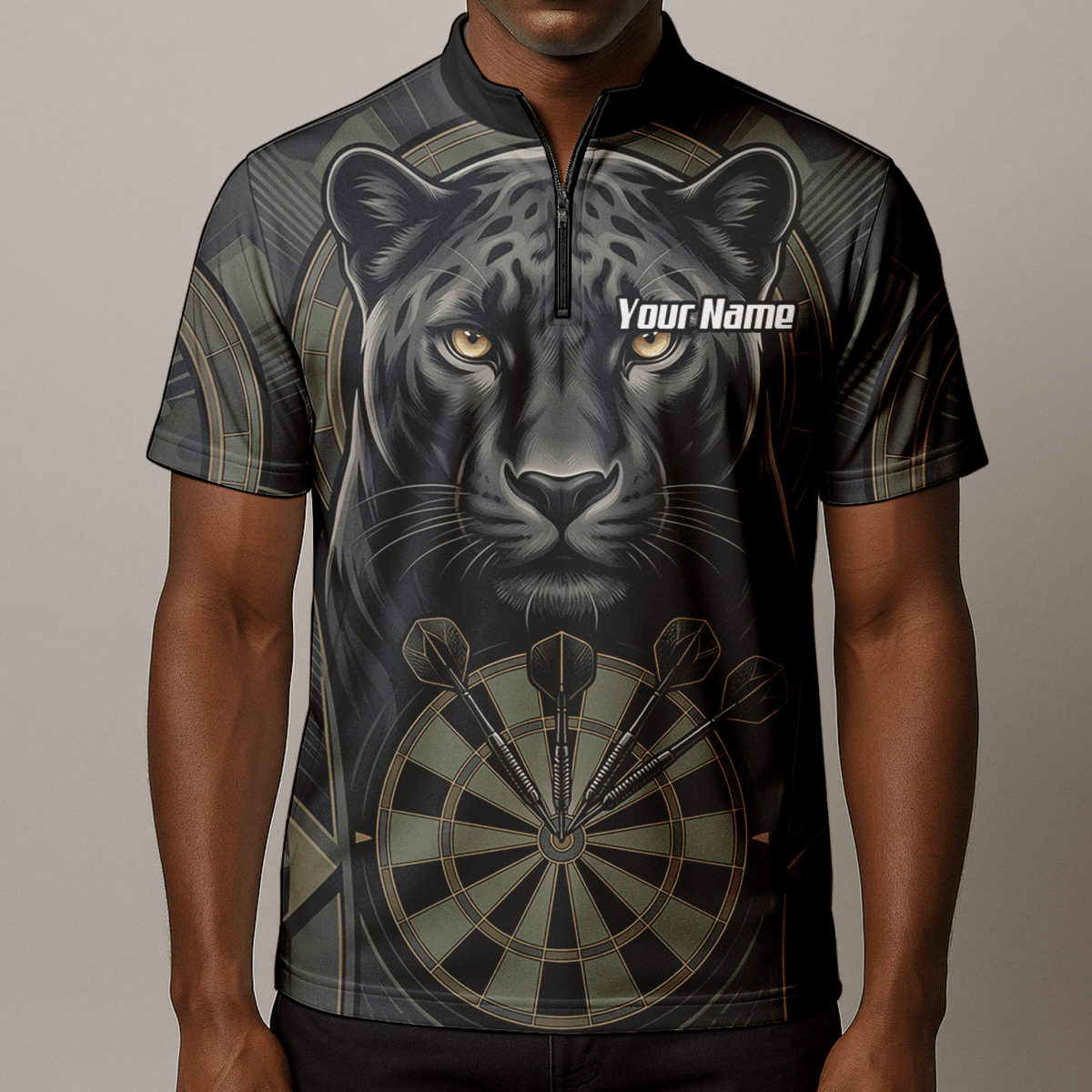 Dart Trikot Herren – Motiv Schwarzer Panther – Schwarz/Oliv Personalisierbar J7347 - Outfitsuche
