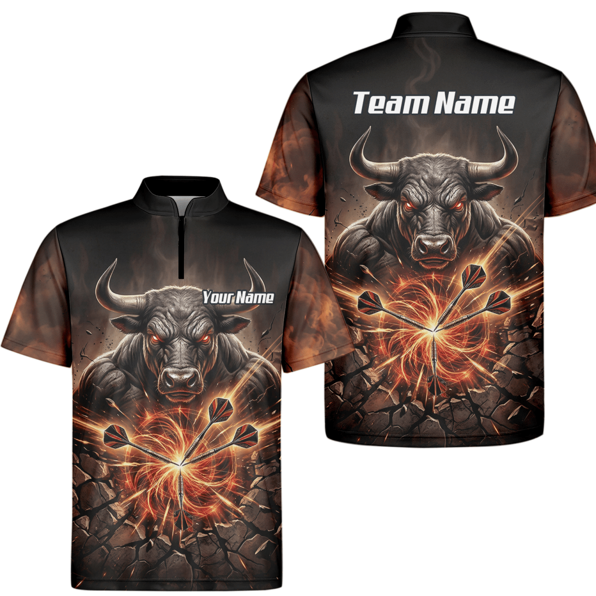 Dart Trikot Herren – Motiv Wütender Stier & Flammen – Personalisierbar Y4522 - Outfitsuche