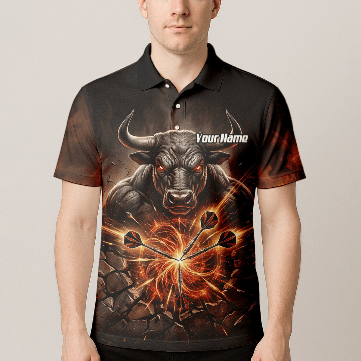 Dart Trikot Herren – Motiv Wütender Stier & Flammen – Personalisierbar Y4522 - Outfitsuche