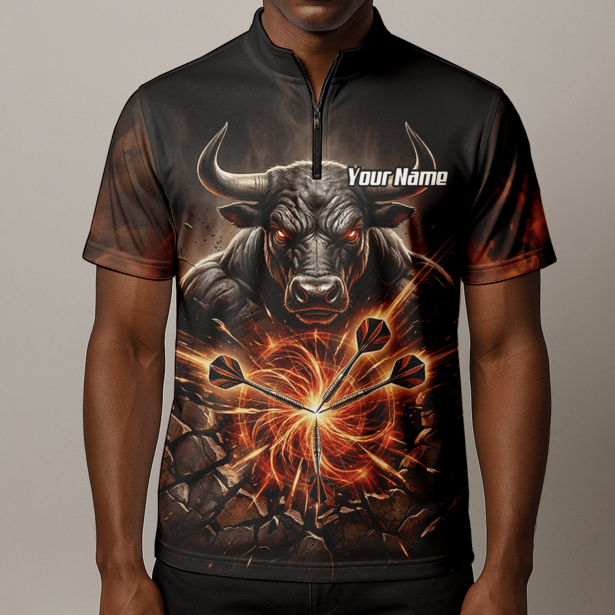 Dart Trikot Herren – Motiv Wütender Stier & Flammen – Personalisierbar Y4522 - Outfitsuche