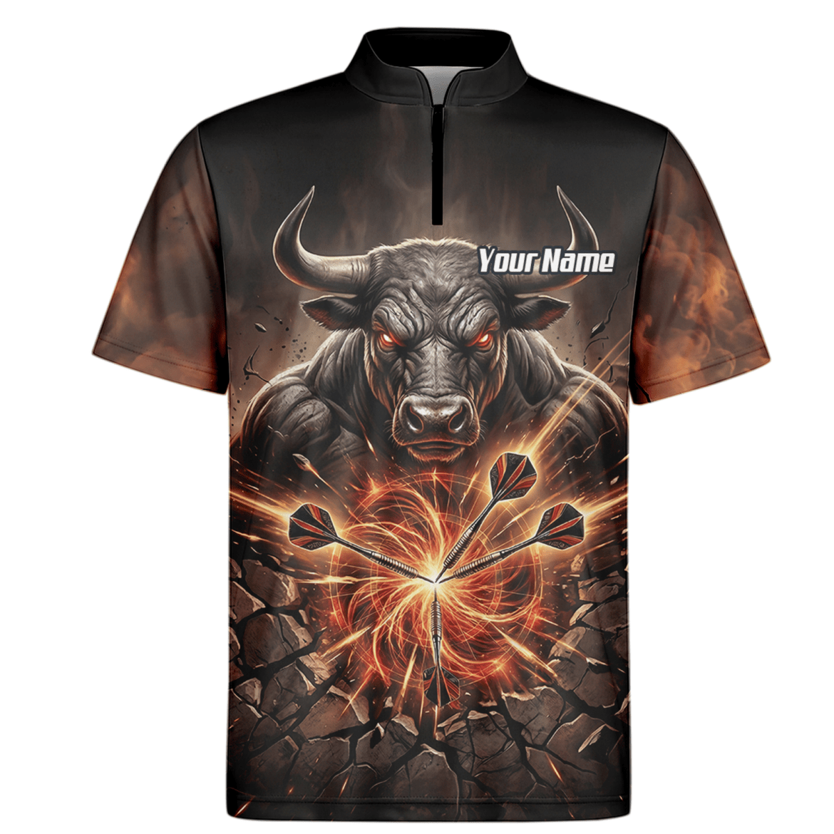 Dart Trikot Herren – Motiv Wütender Stier & Flammen – Personalisierbar Y4522 - Outfitsuche