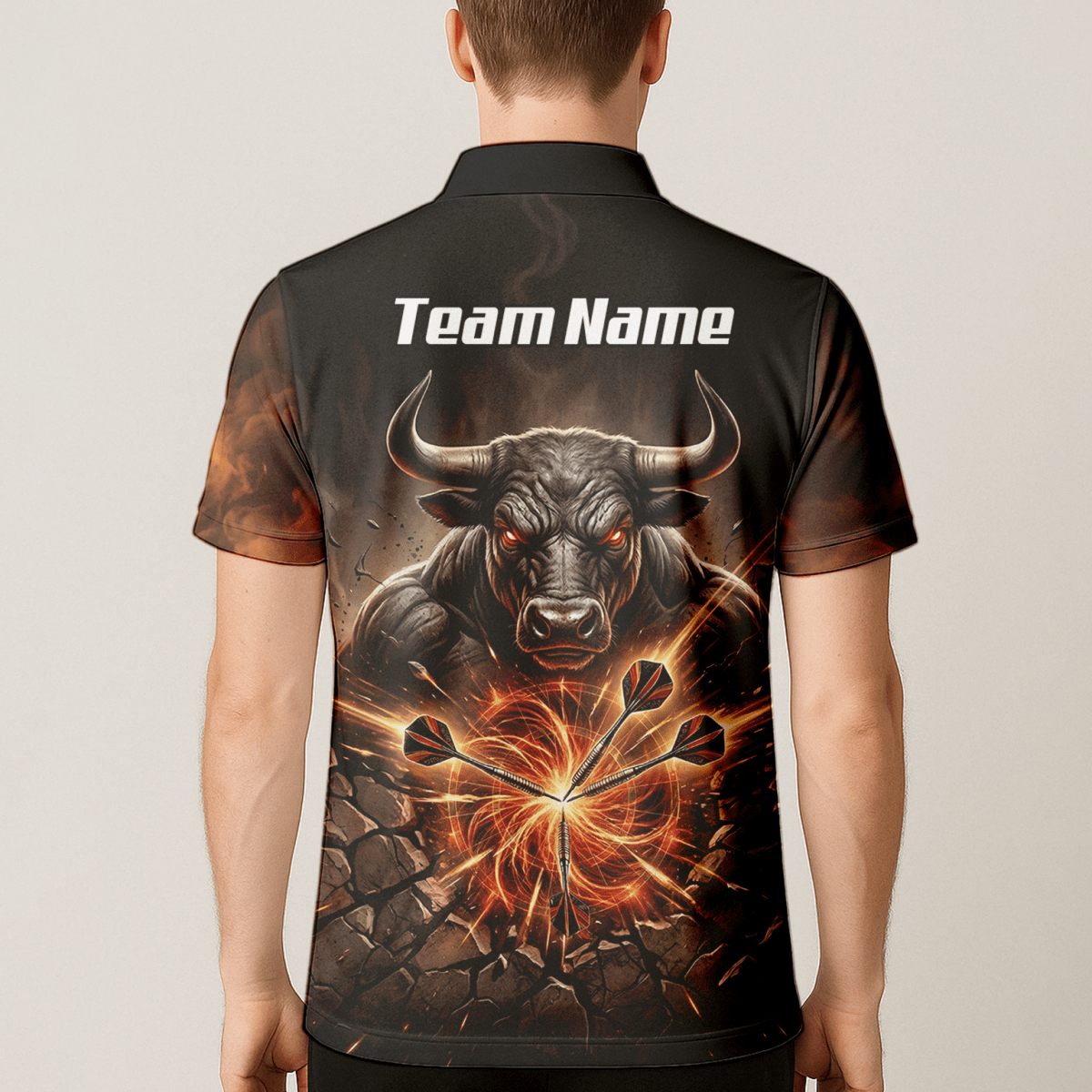 Dart Trikot Herren – Motiv Wütender Stier & Flammen – Personalisierbar Y4522 - Outfitsuche