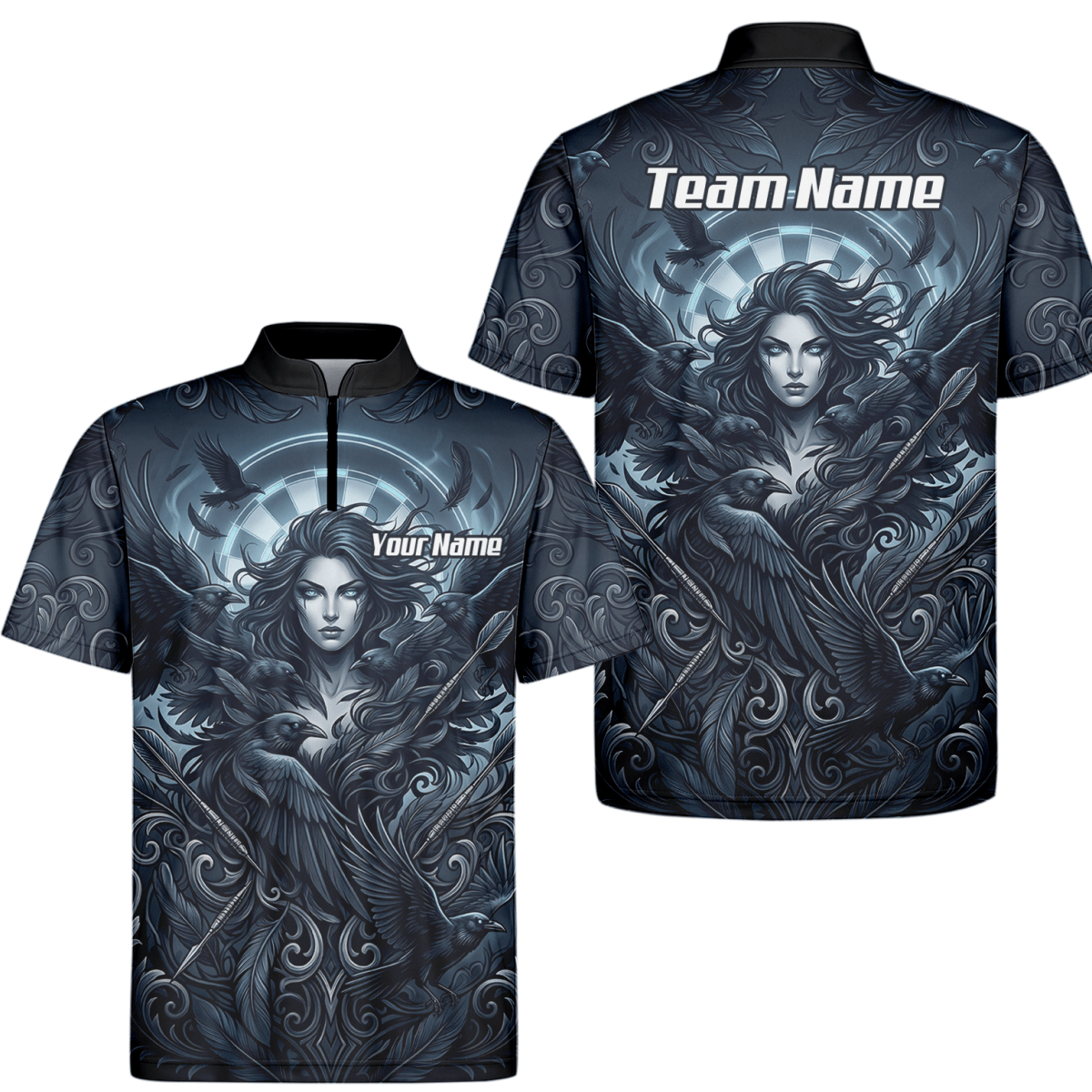 Dart Trikot Herren – Mystische Göttin & Raben Design Blau Schwarz E5253 - Outfitsuche