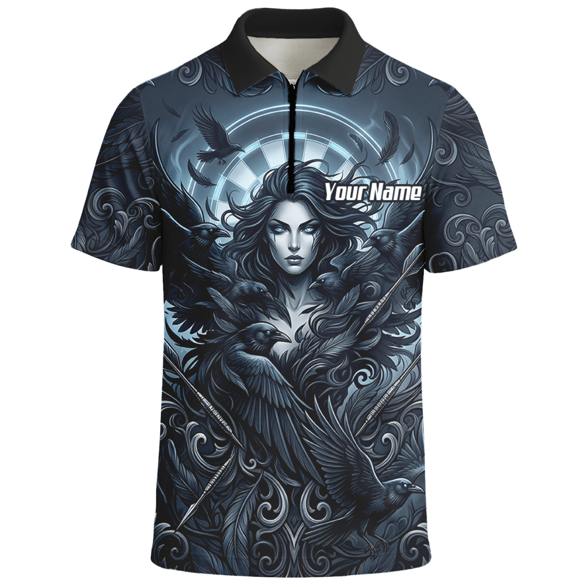 Dart Trikot Herren – Mystische Göttin & Raben Design Blau Schwarz E5253 - Outfitsuche