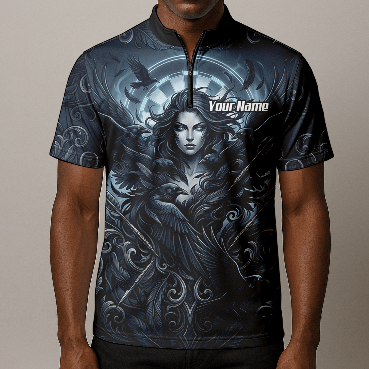 Dart Trikot Herren – Mystische Göttin & Raben Design Blau Schwarz E5253 - Outfitsuche