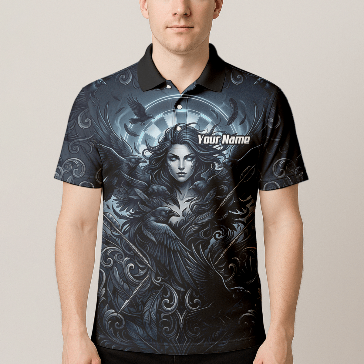 Dart Trikot Herren – Mystische Göttin & Raben Design Blau Schwarz E5253 - Outfitsuche