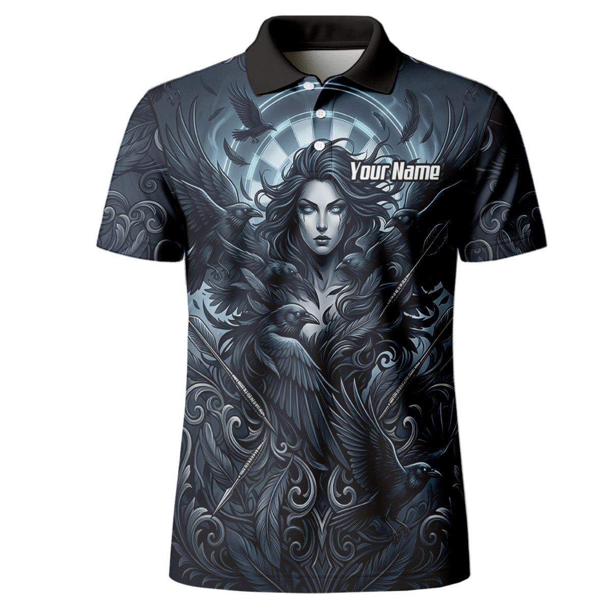 Dart Trikot Herren – Mystische Göttin & Raben Design Blau Schwarz E5253 - Outfitsuche