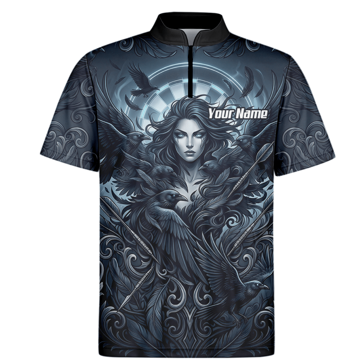 Dart Trikot Herren – Mystische Göttin & Raben Design Blau Schwarz E5253 - Outfitsuche