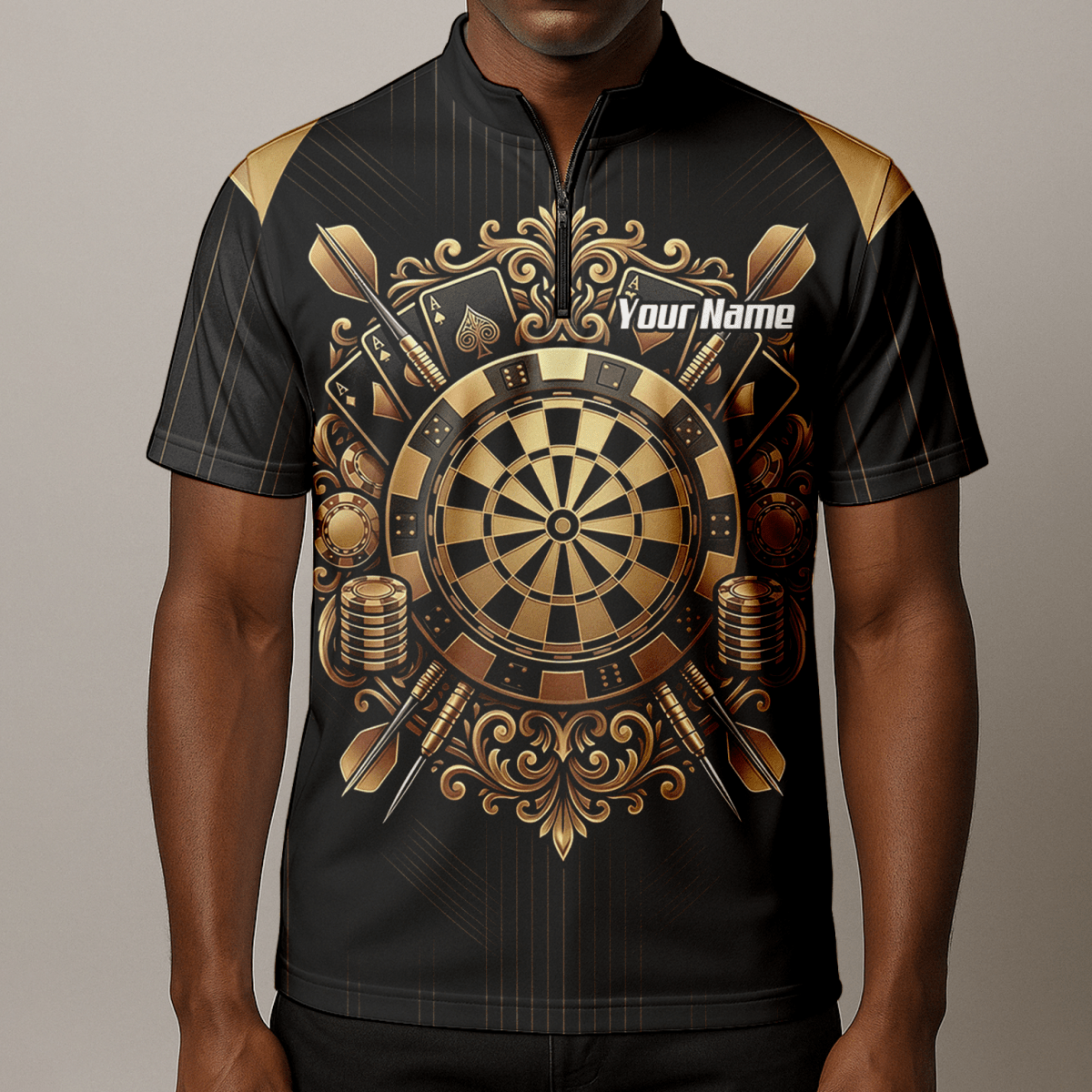 Dart Trikot Herren Personalisierbar – Casino & Poker Design Schwarz Gold D9179 - Outfitsuche