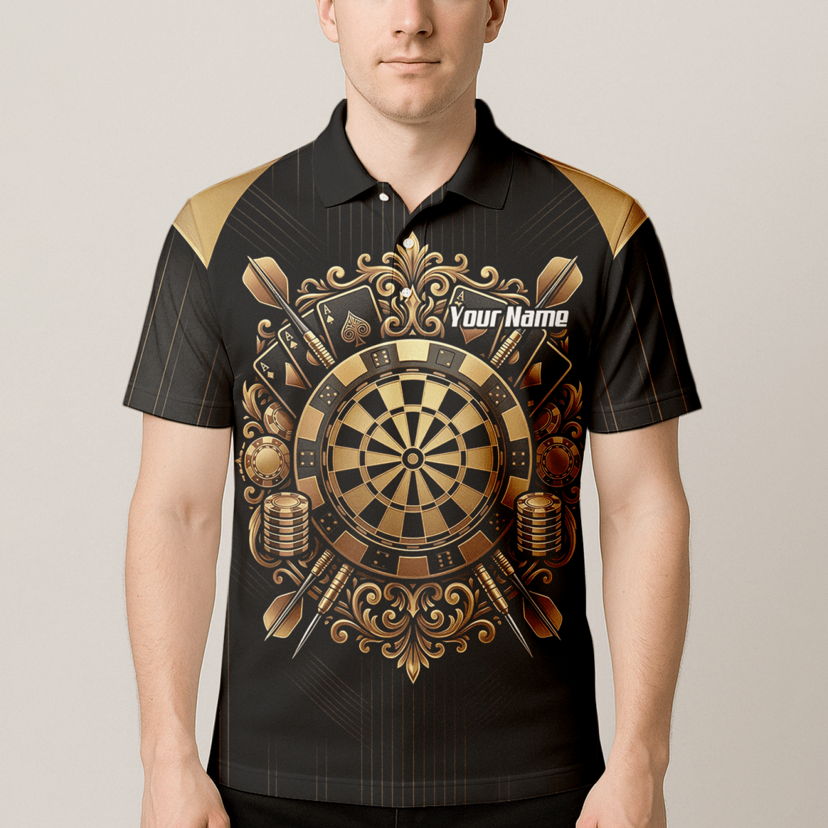 Dart Trikot Herren Personalisierbar – Casino & Poker Design Schwarz Gold D9179 - Outfitsuche