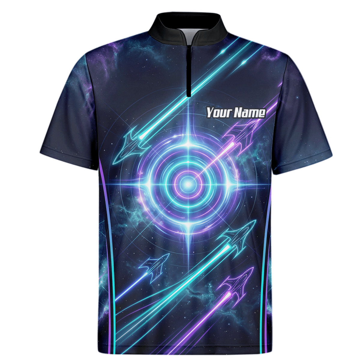 Dart Trikot Herren Personalisierbar – Galaxy Neon Zielscheibe Blau J7924 - Outfitsuche