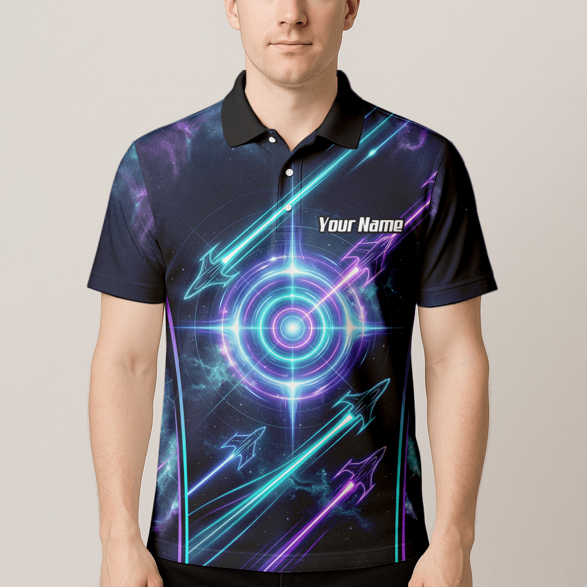 Dart Trikot Herren Personalisierbar – Galaxy Neon Zielscheibe Blau J7924 - Outfitsuche