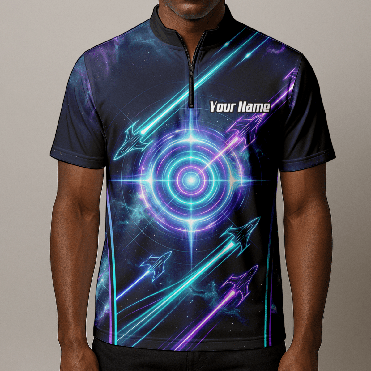 Dart Trikot Herren Personalisierbar – Galaxy Neon Zielscheibe Blau J7924 - Outfitsuche