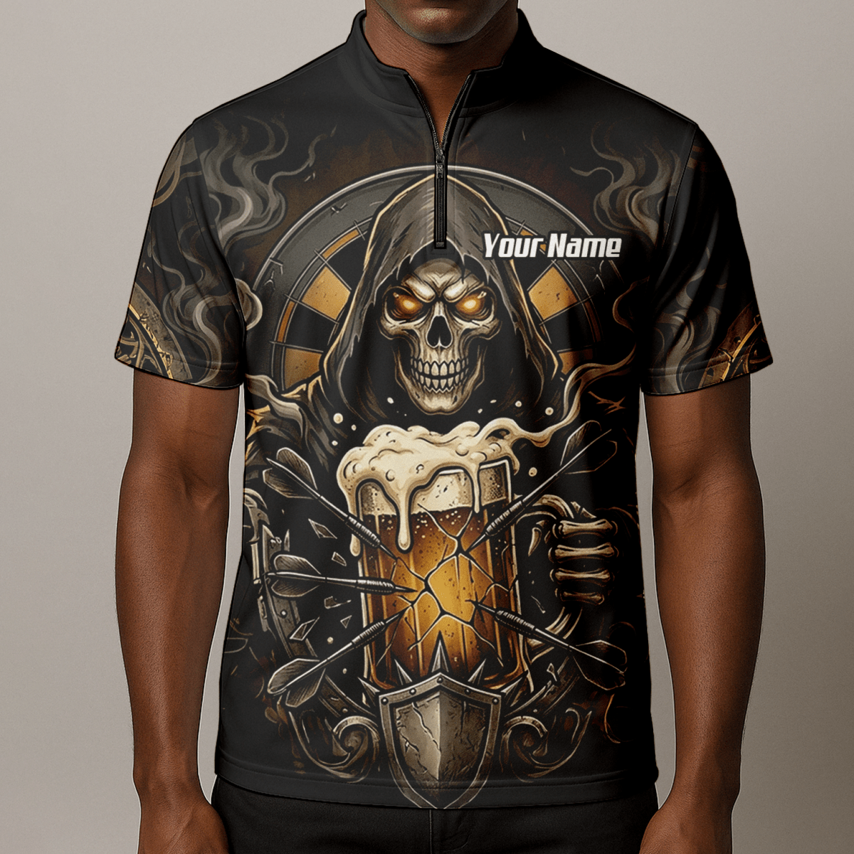 Dart Trikot Herren – Personalisierbar Reaper & Bier Motiv Schwarz Gold W5988 - Outfitsuche