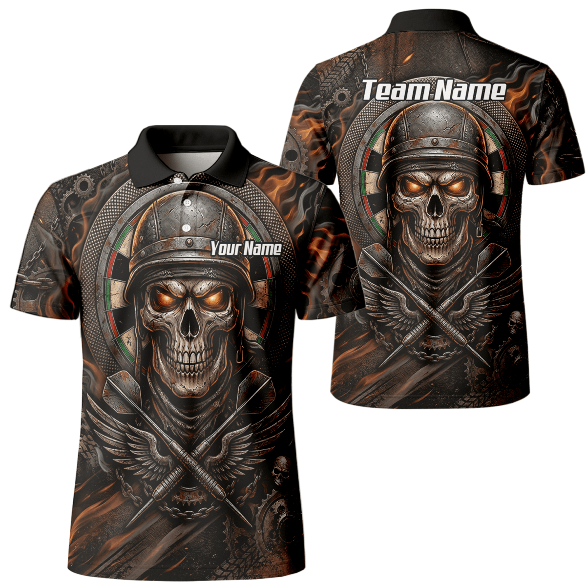 Dart Trikot Herren Personalisierbar – Totenkopf Krieger Braun Flammen B5126 - Outfitsuche