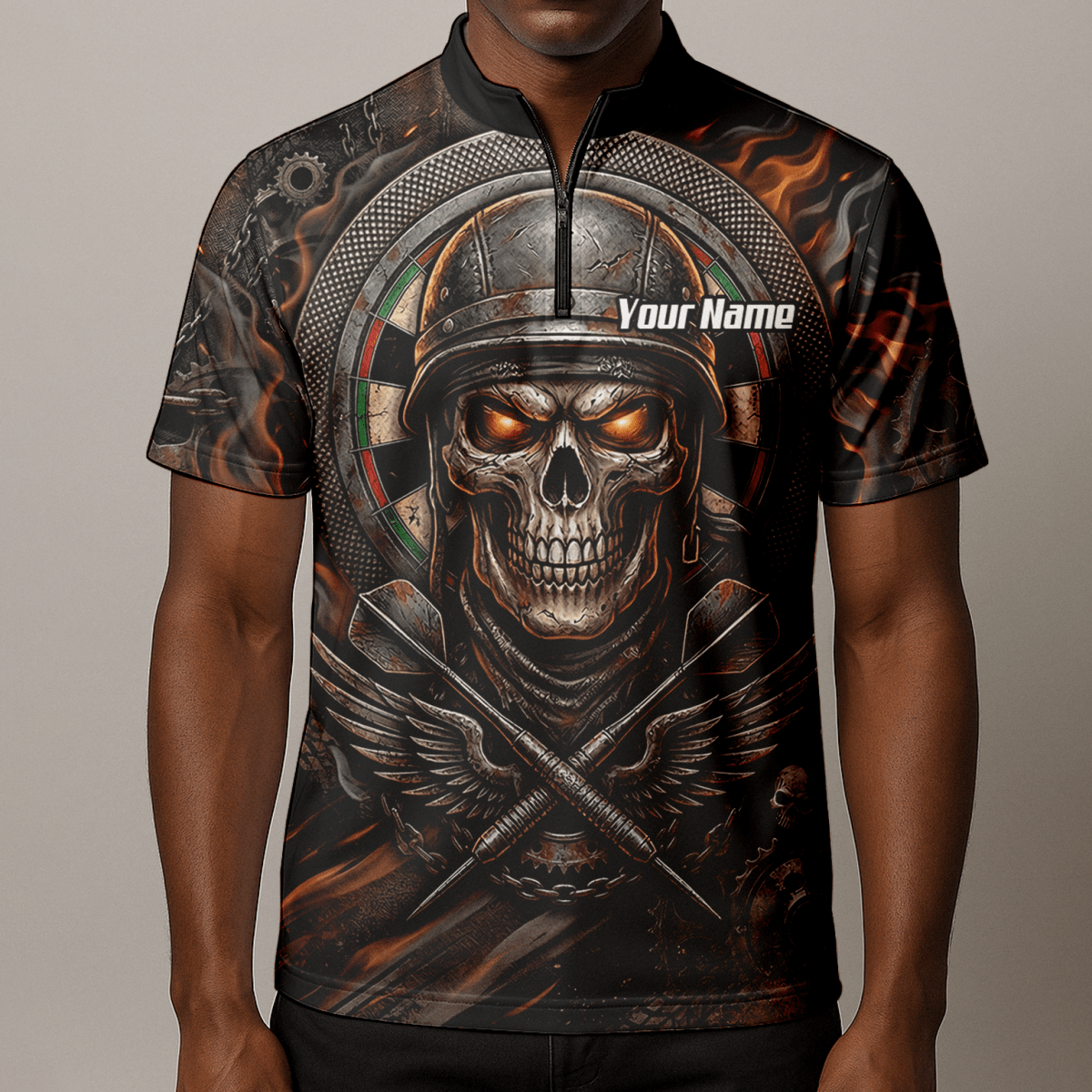 Dart Trikot Herren Personalisierbar – Totenkopf Krieger Braun Flammen B5126 - Outfitsuche