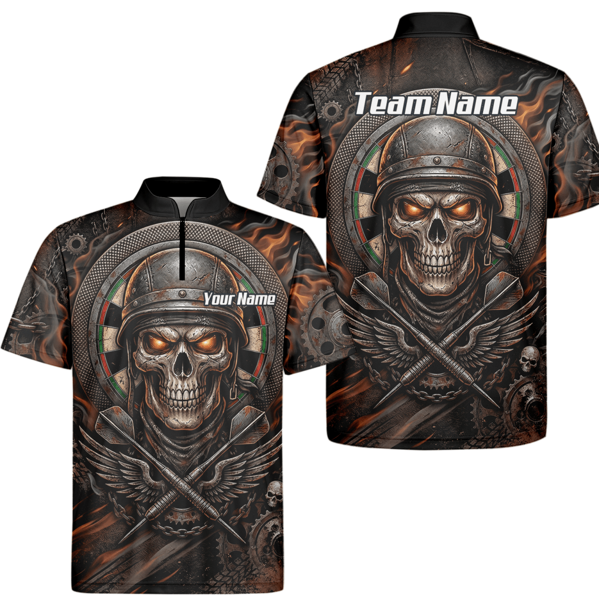 Dart Trikot Herren Personalisierbar – Totenkopf Krieger Braun Flammen B5126 - Outfitsuche