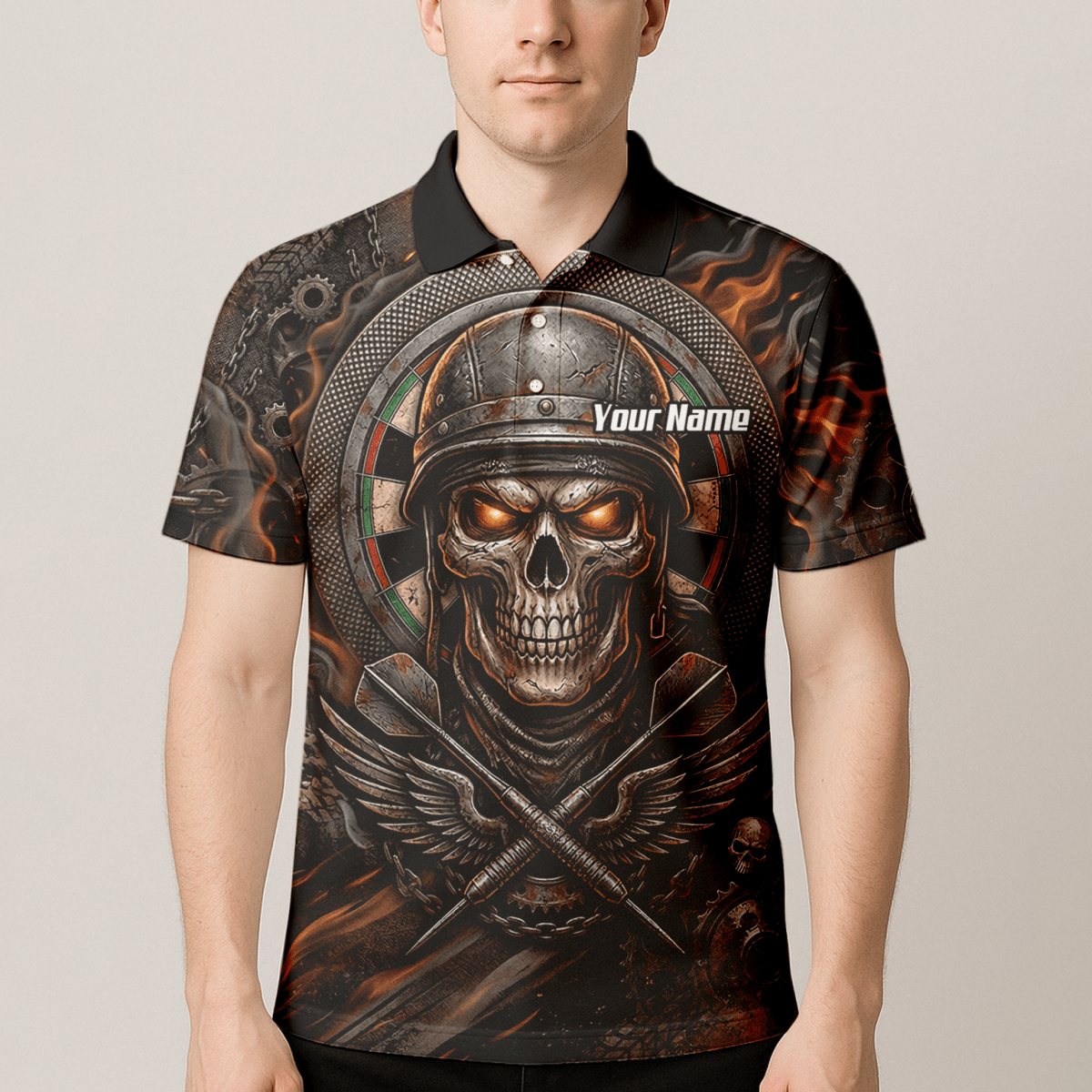 Dart Trikot Herren Personalisierbar – Totenkopf Krieger Braun Flammen B5126 - Outfitsuche