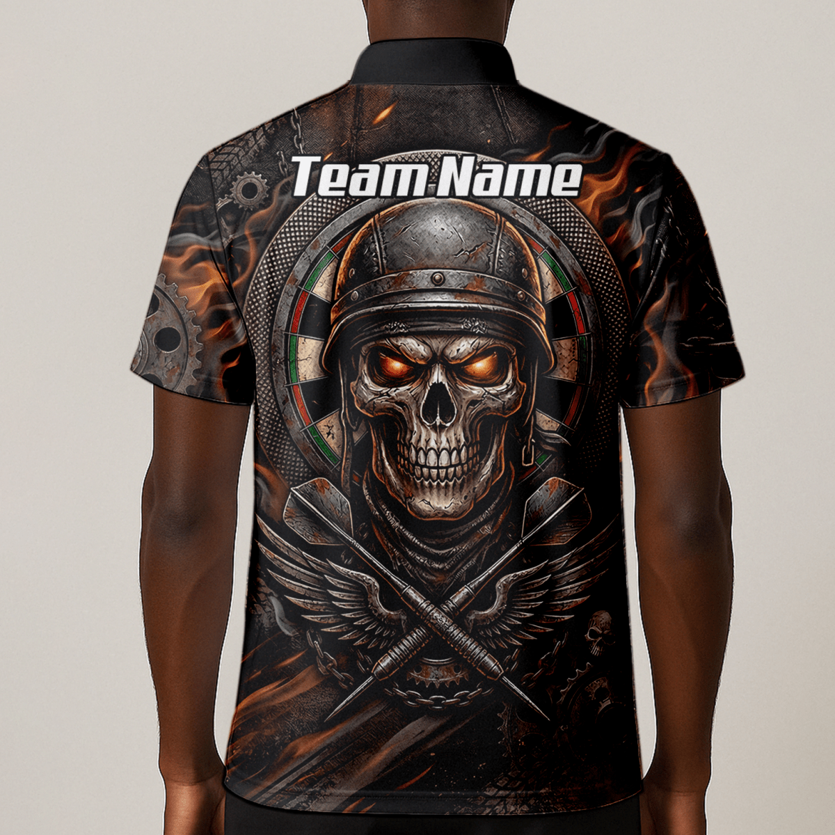 Dart Trikot Herren Personalisierbar – Totenkopf Krieger Braun Flammen B5126 - Outfitsuche
