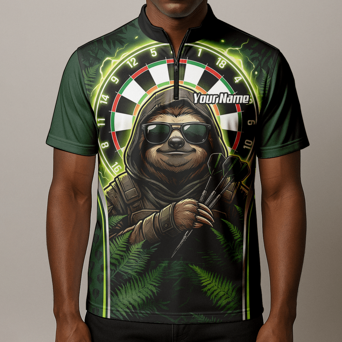 Dart Trikot Herren – Personalisiertes Faultier Motiv Grün Schwarz A2449 - Outfitsuche
