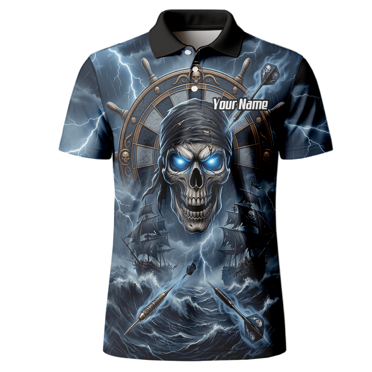Dart Trikot Herren – Piraten Totenkopf & Geisterschiff, Blau, Personalisierbar C6638 - Outfitsuche