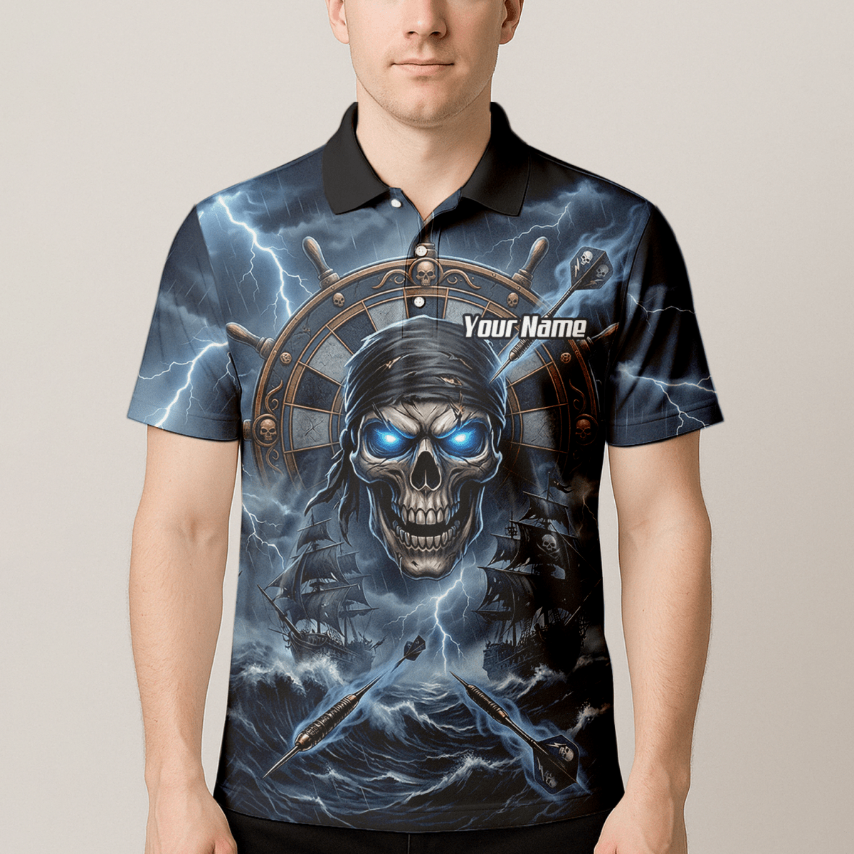 Dart Trikot Herren – Piraten Totenkopf & Geisterschiff, Blau, Personalisierbar C6638 - Outfitsuche