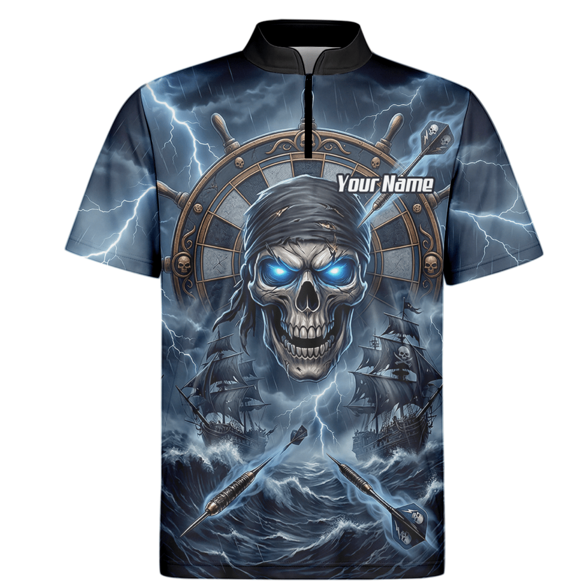 Dart Trikot Herren – Piraten Totenkopf & Geisterschiff, Blau, Personalisierbar C6638 - Outfitsuche
