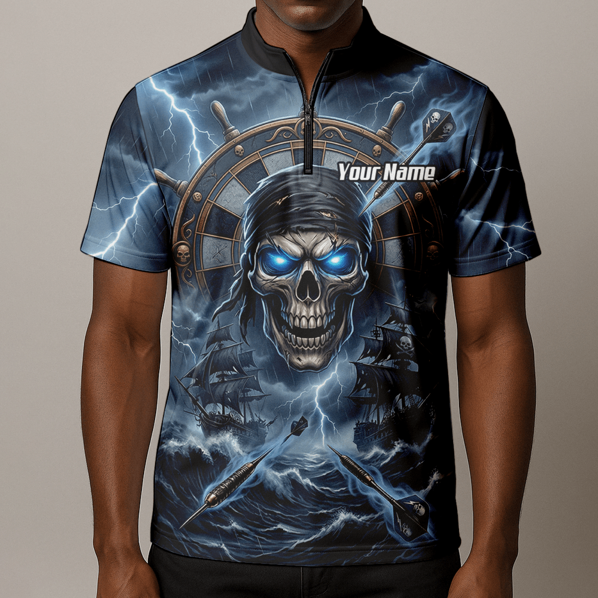 Dart Trikot Herren – Piraten Totenkopf & Geisterschiff, Blau, Personalisierbar C6638 - Outfitsuche
