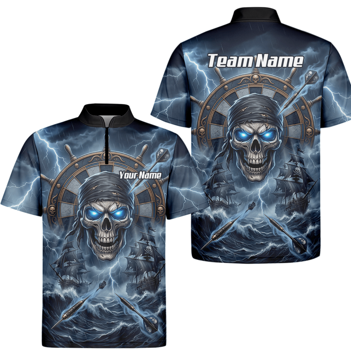 Dart Trikot Herren – Piraten Totenkopf & Geisterschiff, Blau, Personalisierbar C6638 - Outfitsuche