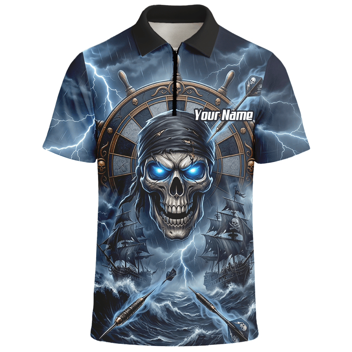 Dart Trikot Herren – Piraten Totenkopf & Geisterschiff, Blau, Personalisierbar C6638 - Outfitsuche