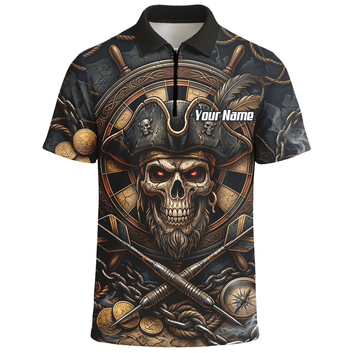 Dart Trikot Herren – Piraten Totenkopf Schwarz Gold Personalisierbar H4255 - Outfitsuche