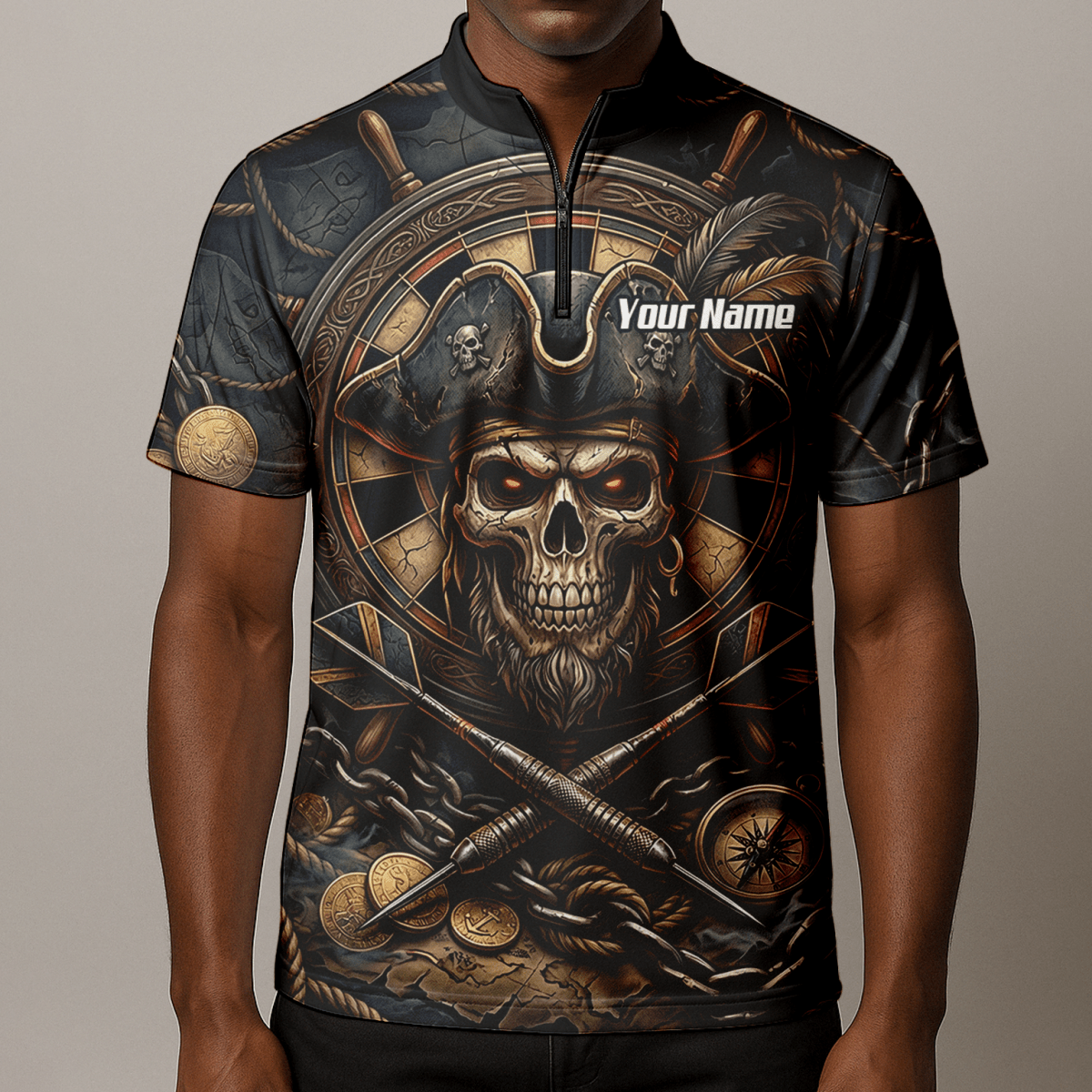 Dart Trikot Herren – Piraten Totenkopf Schwarz Gold Personalisierbar H4255 - Outfitsuche