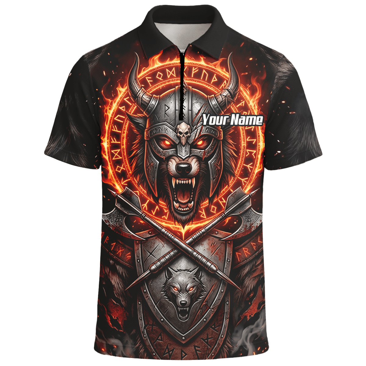 Dart Trikot Herren – Wikinger Wolf & Runen – Schwarz Orange Feuer E8296 - Outfitsuche