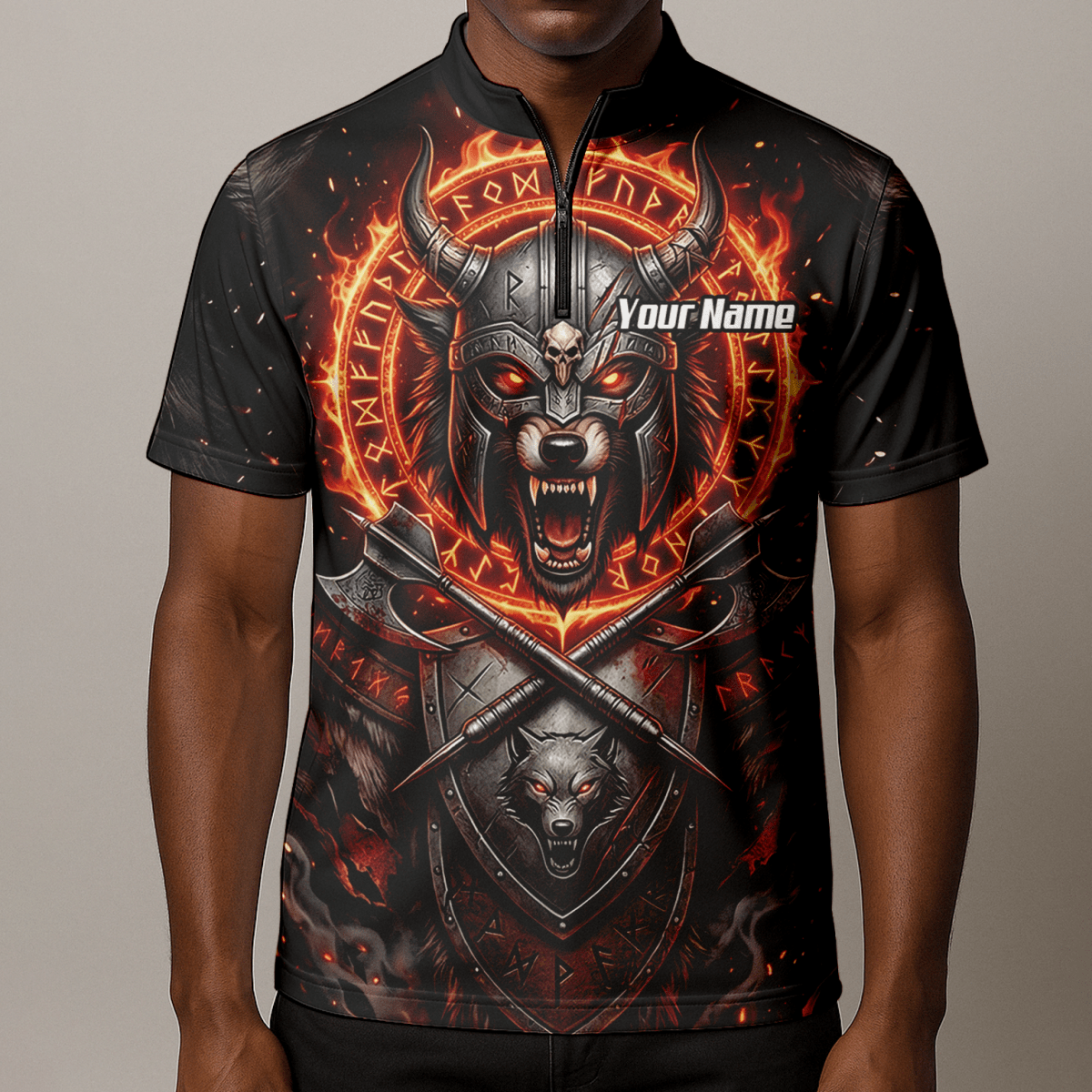 Dart Trikot Herren – Wikinger Wolf & Runen – Schwarz Orange Feuer E8296 - Outfitsuche
