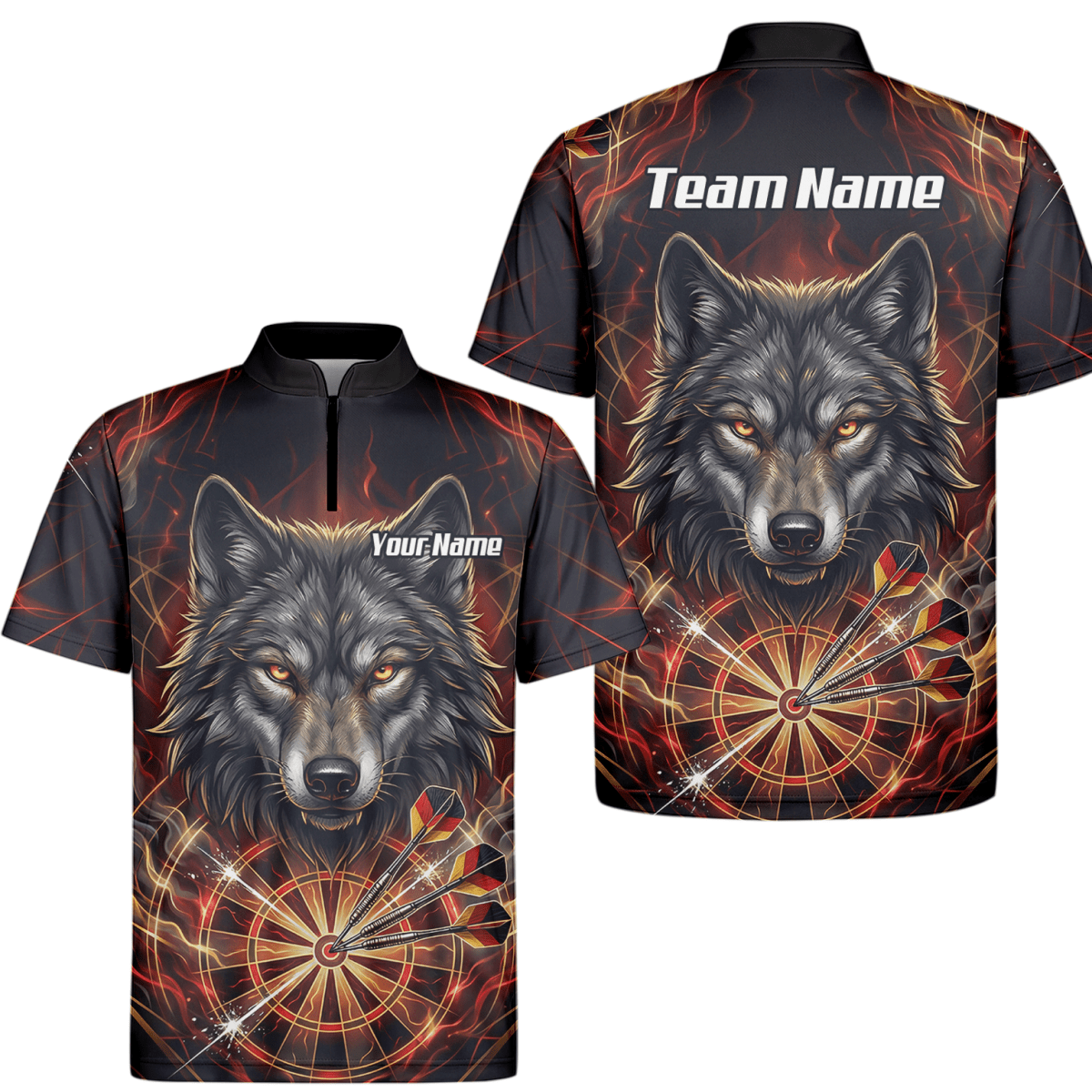 Dart Trikot Herren – Wolf & Dartboard Motiv Schwarz Rot Flammen X2698 - Outfitsuche