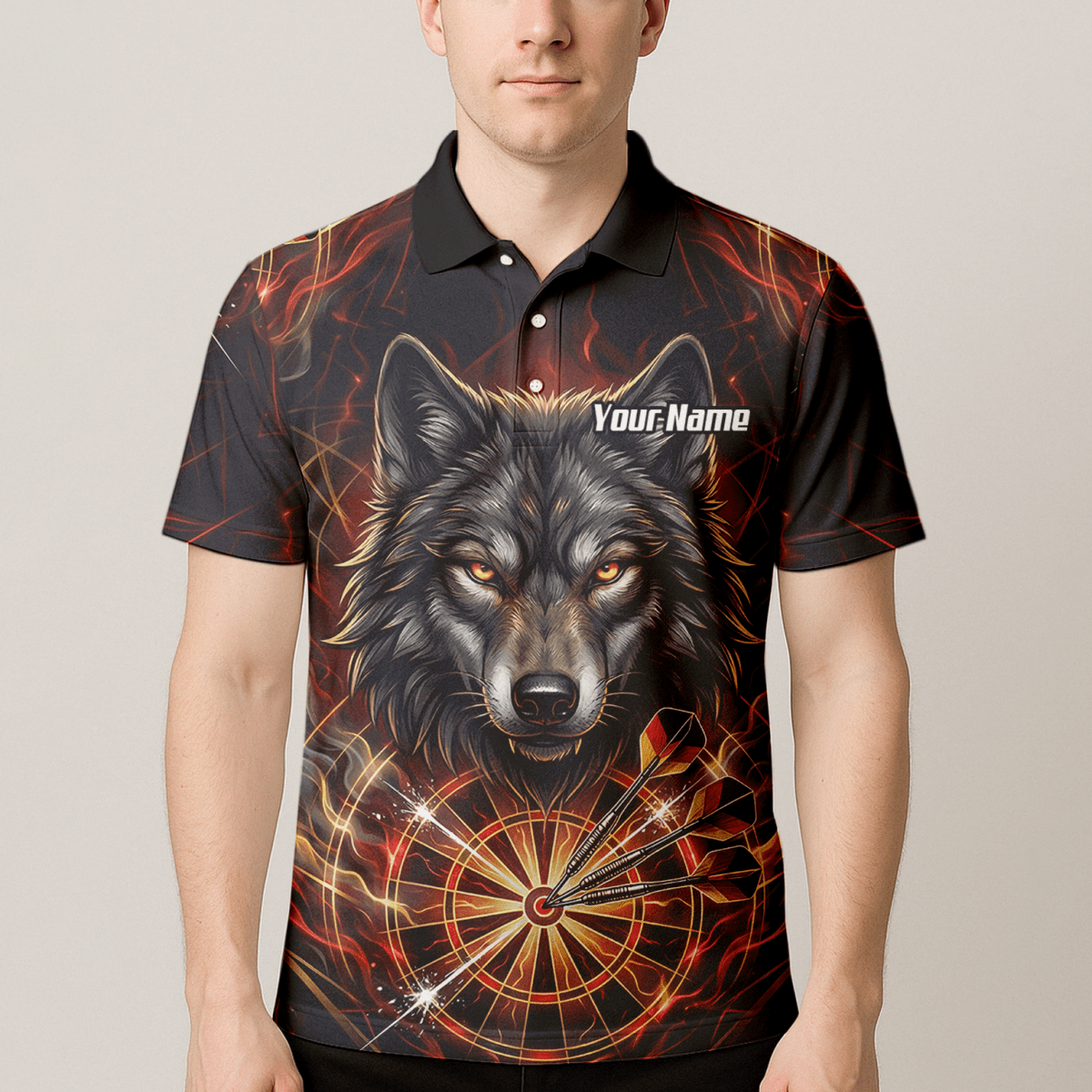 Dart Trikot Herren – Wolf & Dartboard Motiv Schwarz Rot Flammen X2698 - Outfitsuche