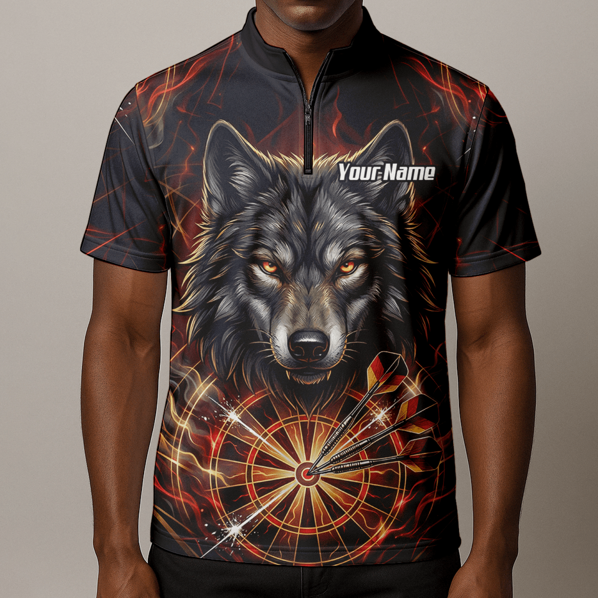 Dart Trikot Herren – Wolf & Dartboard Motiv Schwarz Rot Flammen X2698 - Outfitsuche